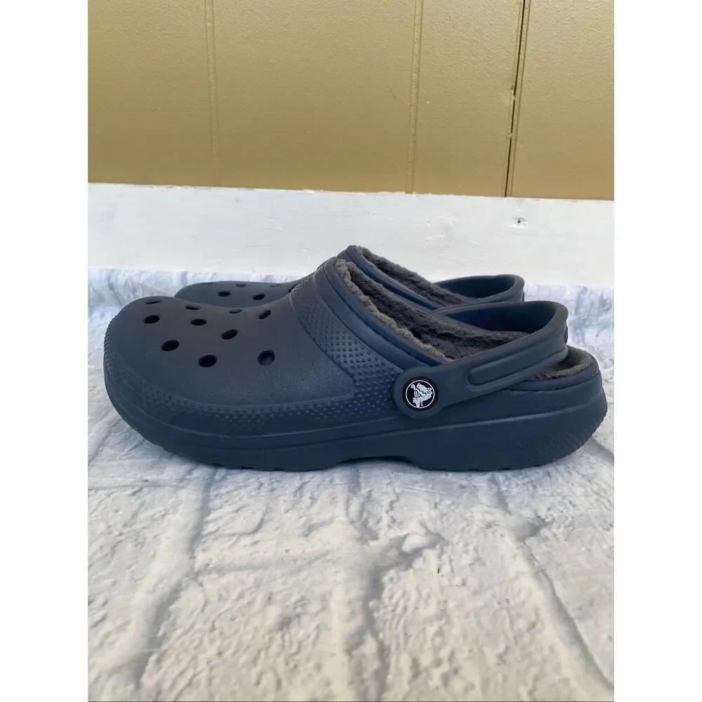 Crocs men 8 women 10 classic slip on clog w/heel strap & sherpa lining nvy blue